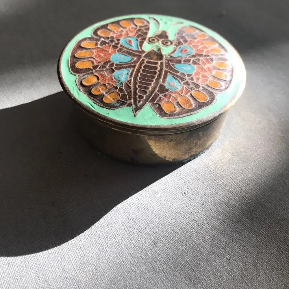 Vintage Brass Ring Box with Moth or Butterfly in Orange and Mint Green Enamel